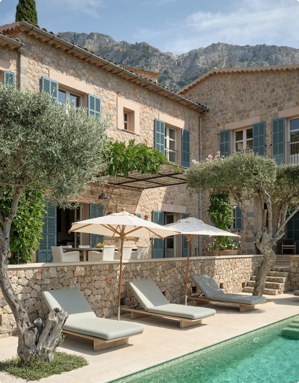 Sun loungers positioned around a pool
